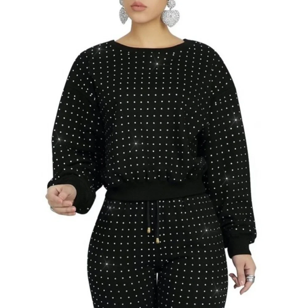 Kosmios Black Rhinestone Studded Two-Piece Sweatsuit | Top M / Pants L